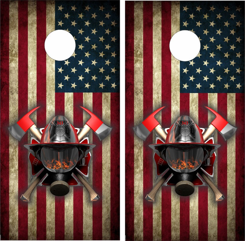 Firefighter Helmet Crossed Axes Vintage American Flag Cornhole Wraps