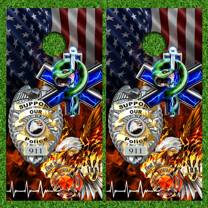 First Responder Chrome EMS Snake Badge Fire & Flag Cornhole Wraps