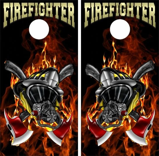 1st Responder Firefighter Helmet Axe with Fire Flames Background Cornhole Wraps