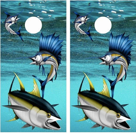 Sailfish Yellowfin & Tuna Fish with Ocean Water Background Cornhole Wraps