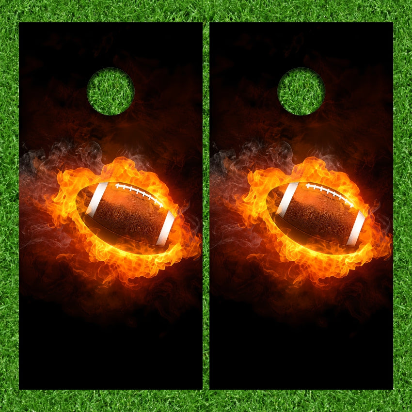 Flaming Football on Fire with Flames Background Cornhole Wraps