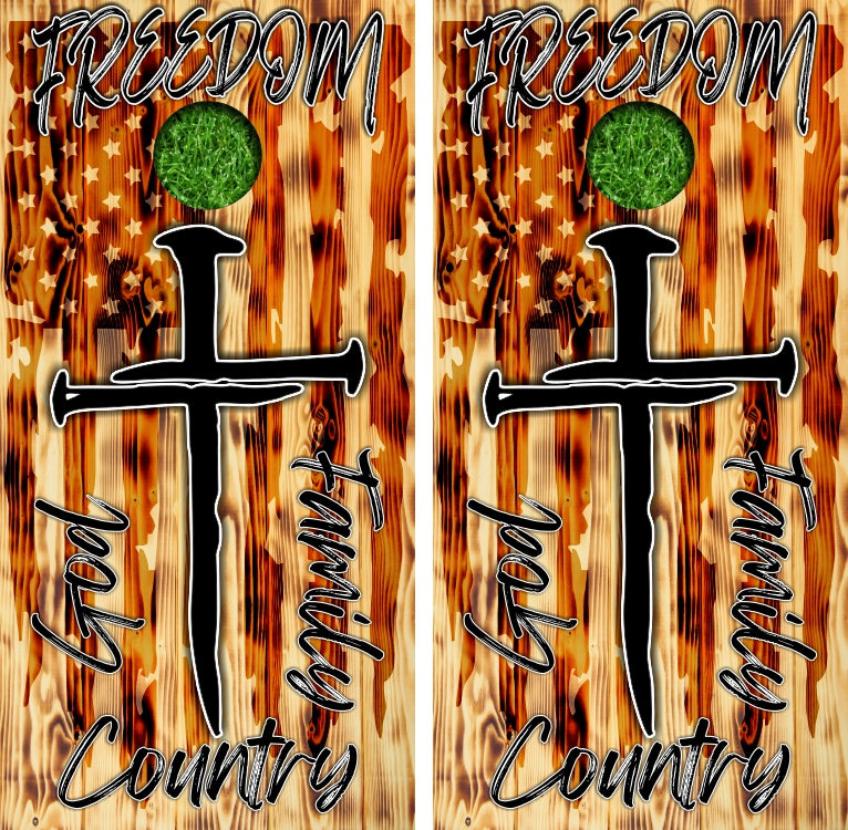 Freedom God Country Nail Cross Grunge Gray American Flag Cornhole Wraps