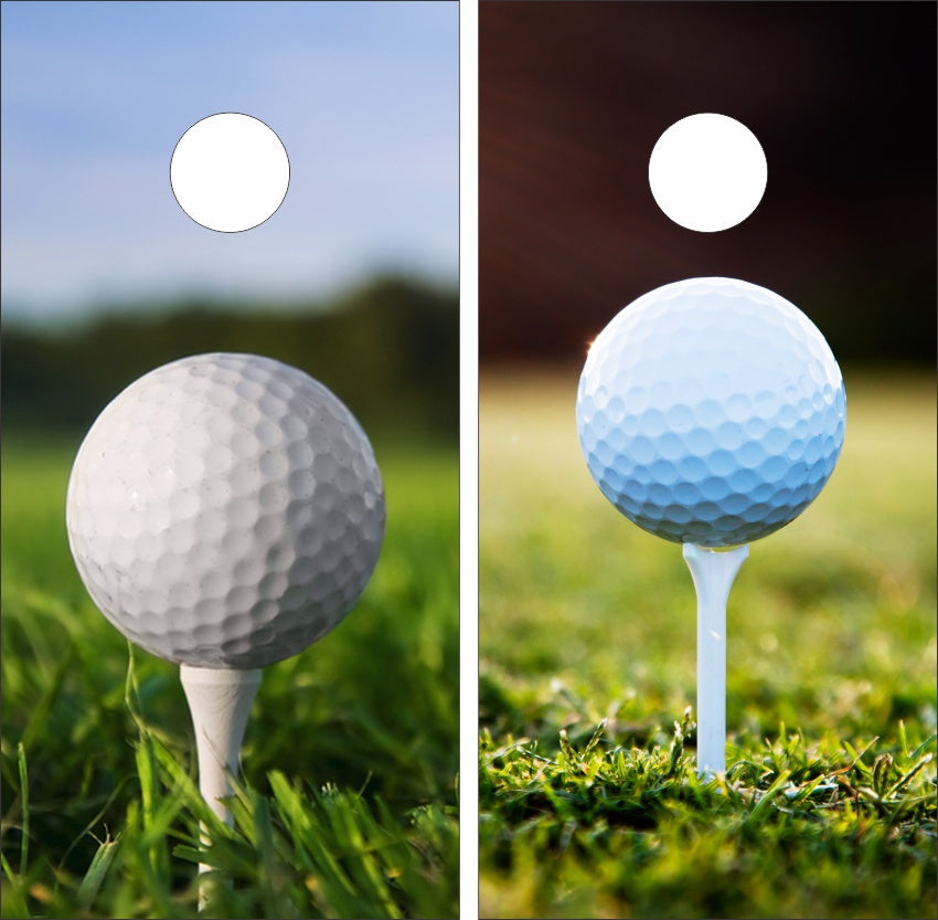 Golf Ball Tee Up Close in Grass Cornhole Wraps
