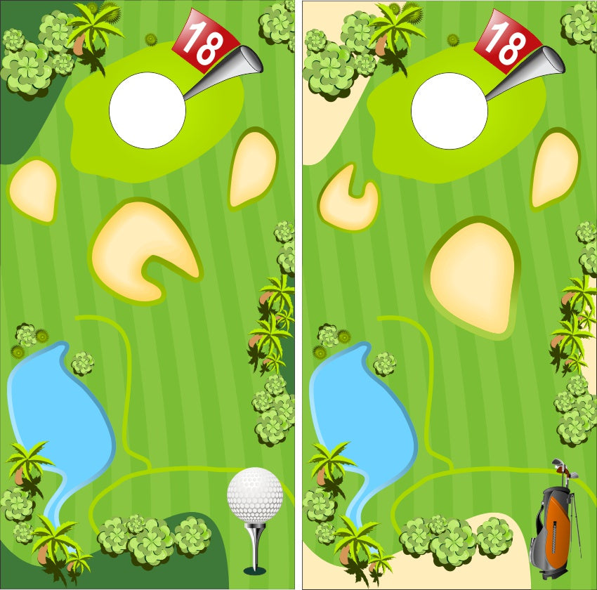 Golf Course Hole 18 Lake Sand Cornhole Wraps