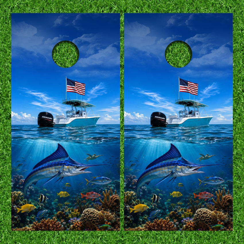 Boat Above Underwater Ocean Marlin Fish Scene Cornhole Wraps