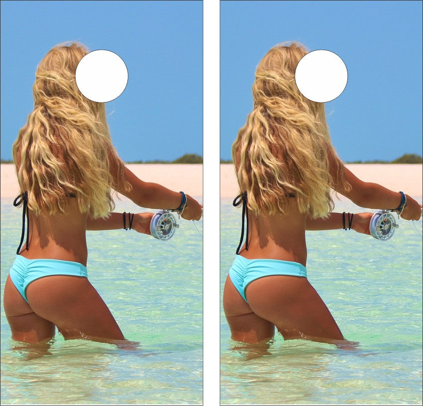 Blonde Girl Beach Fishing Cornhole Wraps