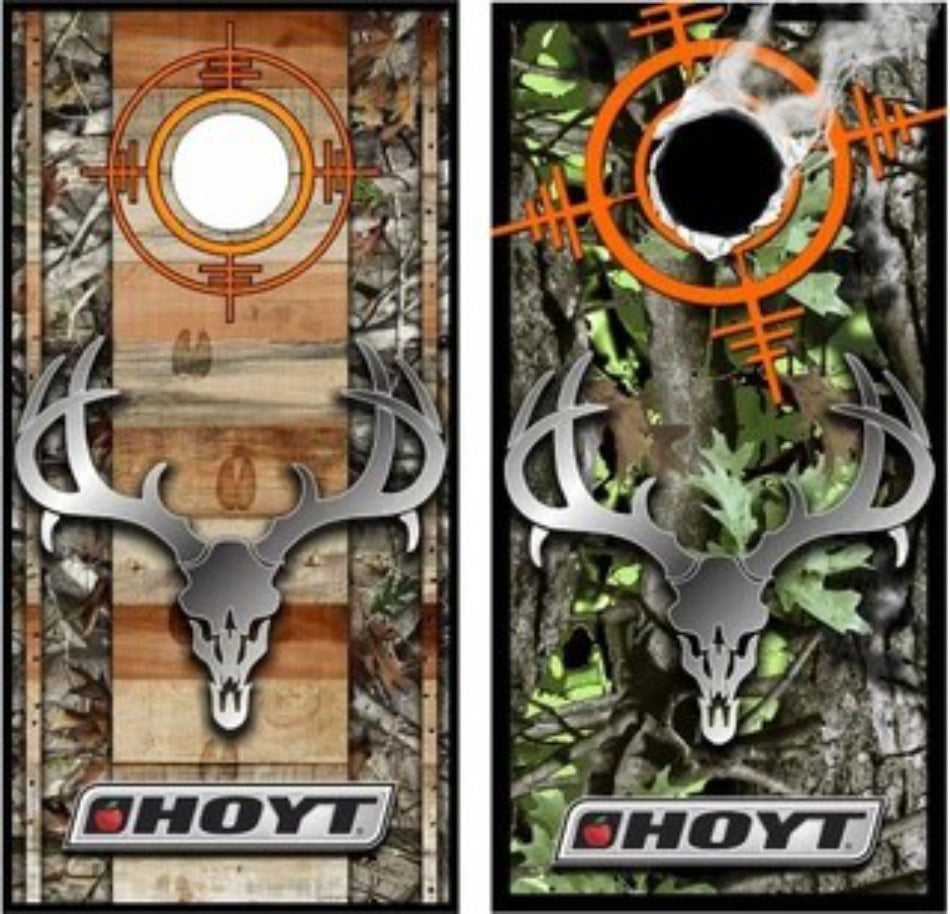 Hoyt Deer Head Skull with Camo Background Cornhole Wraps