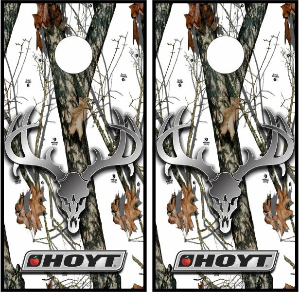 Hoyt Deer Head Skull with Snow Tree Camo Background Cornhole Wraps