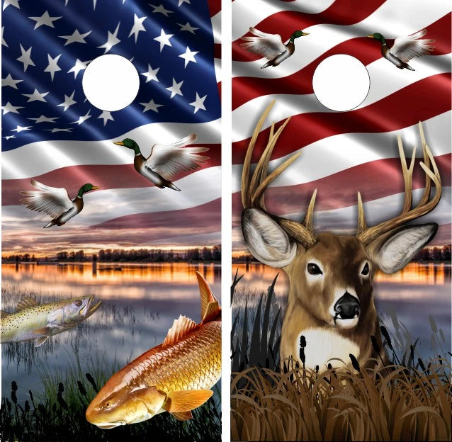Redfish Trout Fish Ducks Deer Grassy lake With American Flag Background Cornhole Wraps