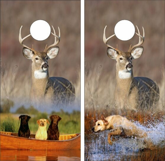 Deer Buck With Hunting Dogs on Lake Cornhole Wraps