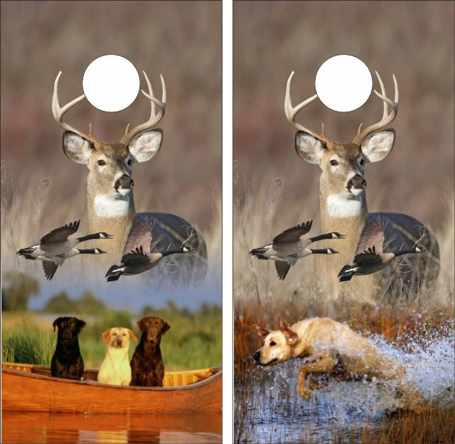 Deer Buck With Hunting Dogs & Geese on Lake Cornhole Wraps