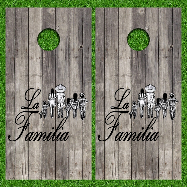 La Familia Family Weathered Wood Background Cornhole Wraps