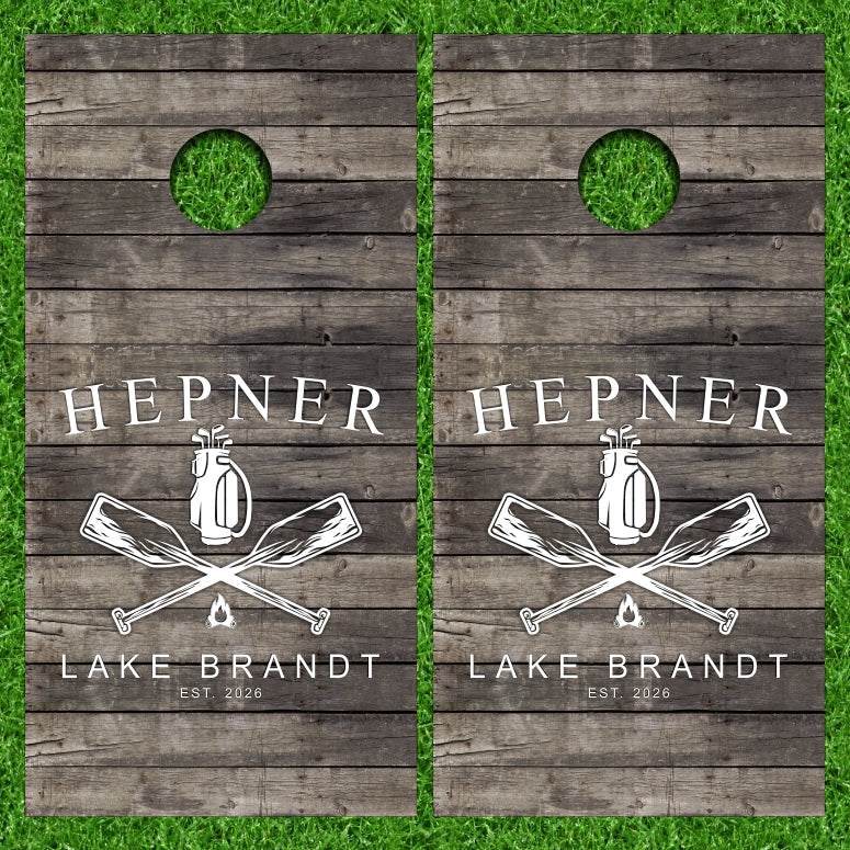 Lake Brandt Paddles Fire Golf Clubs with Weathered Wood Background Cornhole Wraps