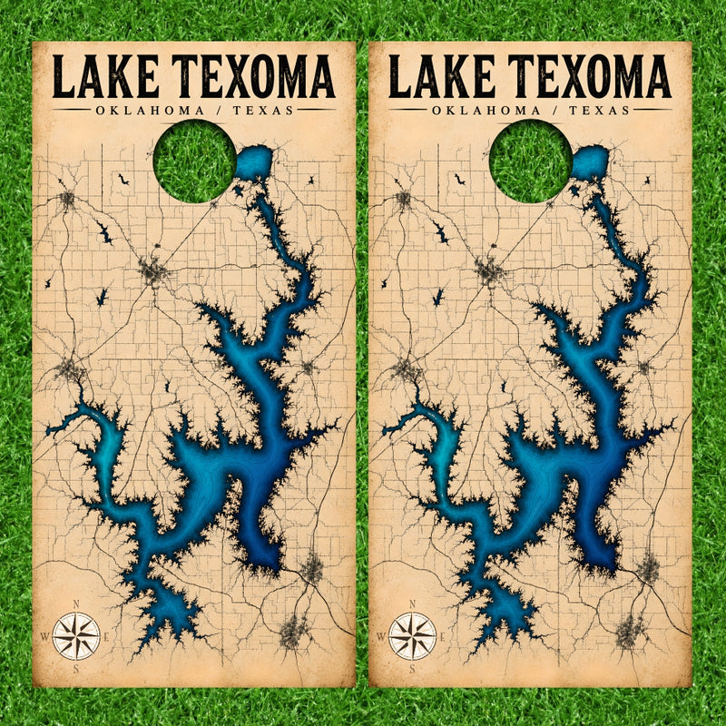 Lake Texoma Oklahoma Texas with Map Paper Background Cornhole Wraps