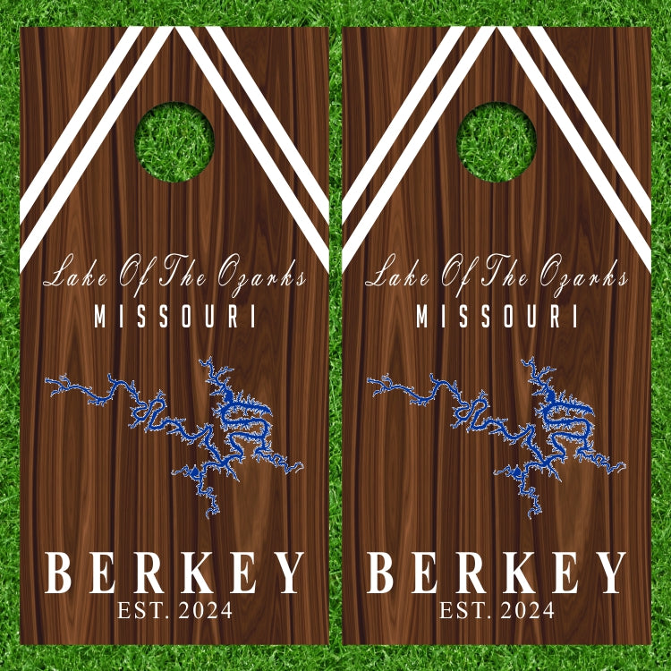 Lake of the Ozarks Missouri with Dark Stain Plywood Grain Background Cornhole Wraps