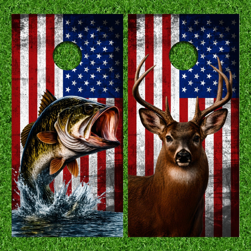 Deer Trophy Buck & Largemouth Bass over Vintage American Flag Cornhole Wraps