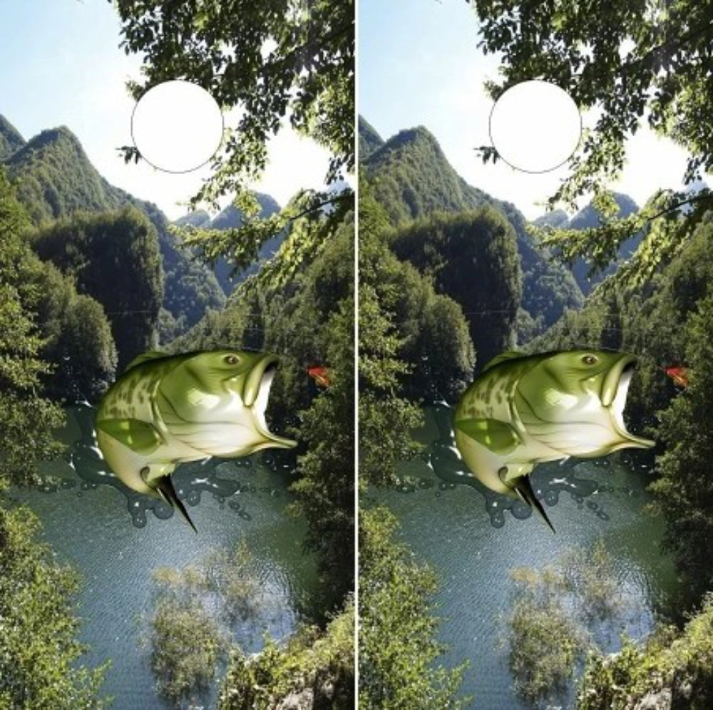 Largemouth Bass Fishing Lure Mountain Lake Background Cornhole Wraps
