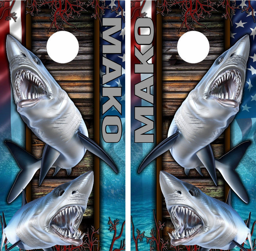 Mako Sharks American Flag Cornhole Wraps