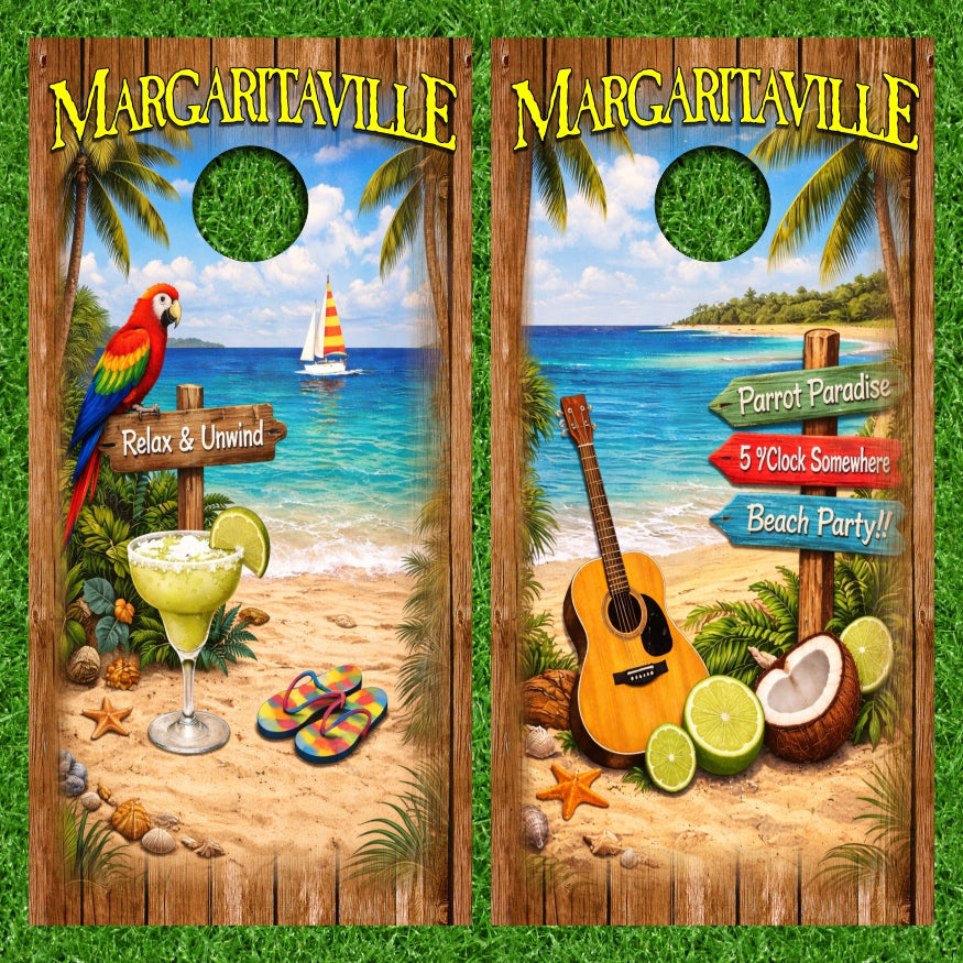 Beach Party Paradise Margarita Parrot Flipflops Tropical Ocean with Worn Wood Edges Cornhole Wraps