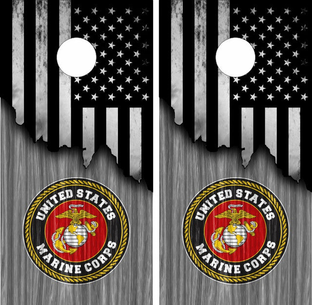 Marine on Gray Grunge Ripped American Flag over Wood Cornhole Wraps