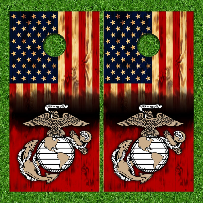 Marines with Burn Edges American Flag and Weathered Wood Background Cornhole Wraps