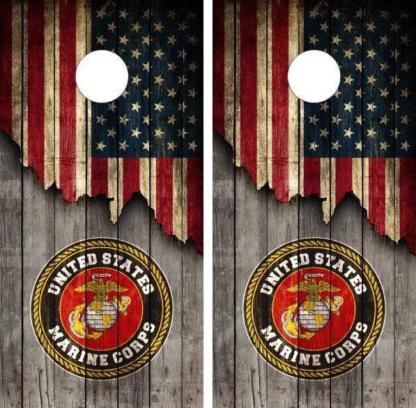 Marine on Vintage Grunge Ripped American Flag over Wood Cornhole Wraps