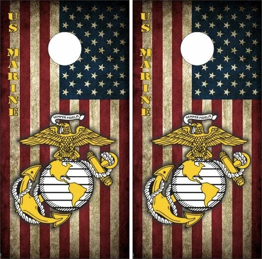 Marine with Vintage Grunge American Flag Background Cornhole Wraps