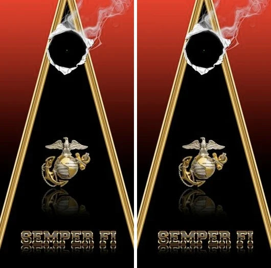 Marine Semper Fi with Triangle Background and Smoke Bullet Hole Ring Cornhole Wraps