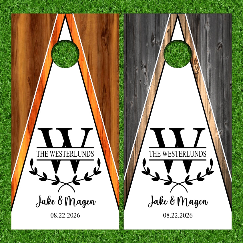 Wedding Laurel Flower Wreath Monogram Est Date White with Triangle Wood Version 4 Cornhole Wraps