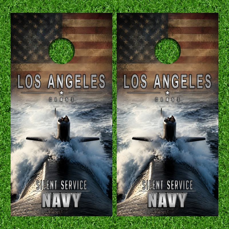 Navy Silent Service Submarine Los Angeles Class 4 with American Flag Background Version 1 Cornhole Wraps
