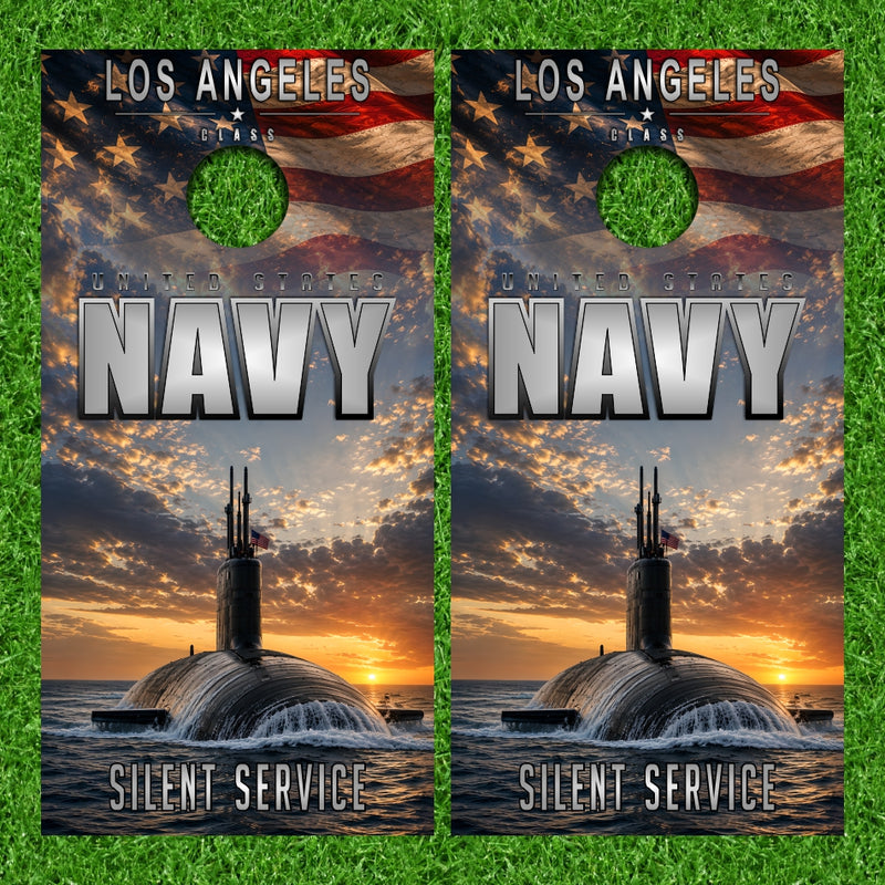 Navy Silent Service Submarine Los Angeles Class 4 with American Flag Background Version 3 Cornhole Wraps