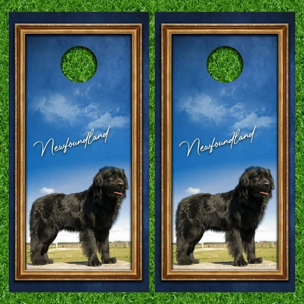 Black Newfoundland Dog Blue Grunge Picture Frame Border Cornhole Wraps