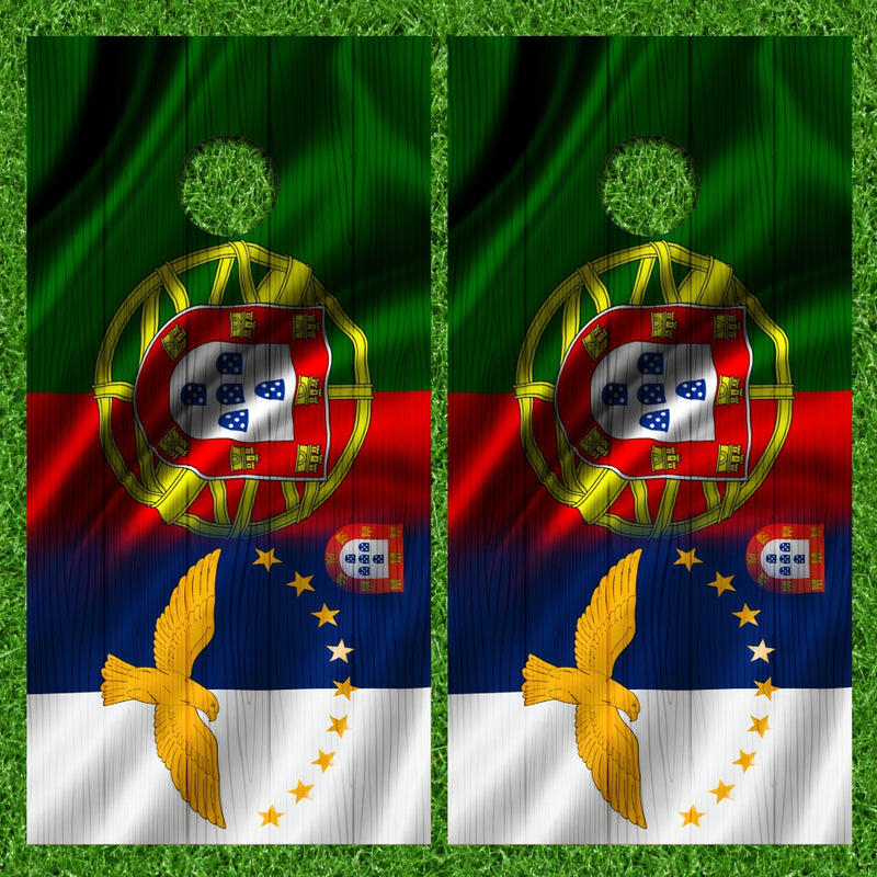 Portuguese & Azorean Flag Combo with Weathered Wood Background Cornhole Wraps