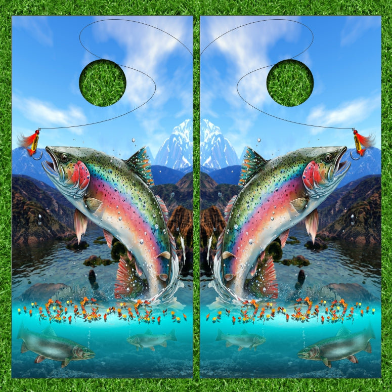 Rainbow Trout Fishing Lure Mountain Lake Background Cornhole Wraps Version 4