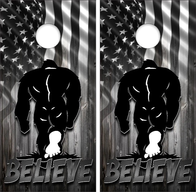 Sasquatch Bigfoot Walking Backside BELIEVE with Gray Weathered Wood American Flag Background Cornhole Wraps
