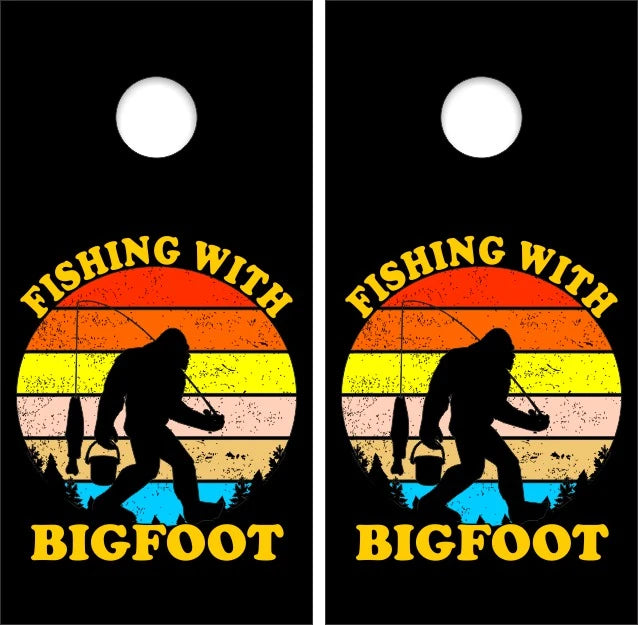 Sasquatch Bigfoot Gone Fishing With Color Circle & Black Background Cornhole Wraps