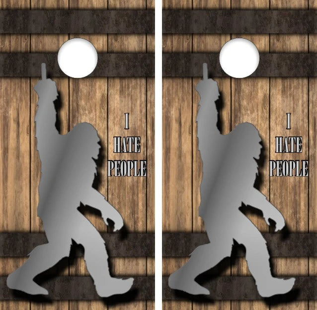 Funny Rude Sasquatch Bigfoot giving Middle Finger and I Hate People Speech with Whisky Barrel Wood Background Cornhole Wraps