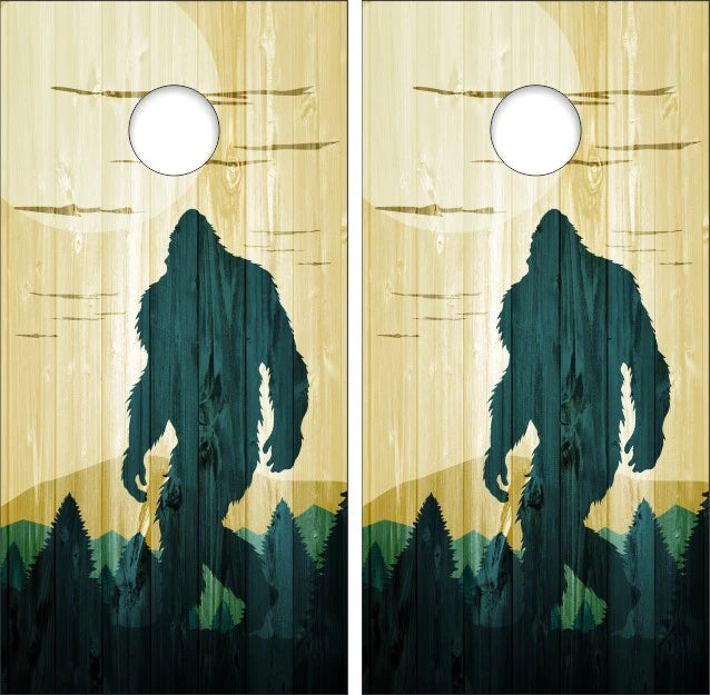 Sasquatch Bigfoot Walking In Forest Weathered Wood Look Background Cornhole Wraps