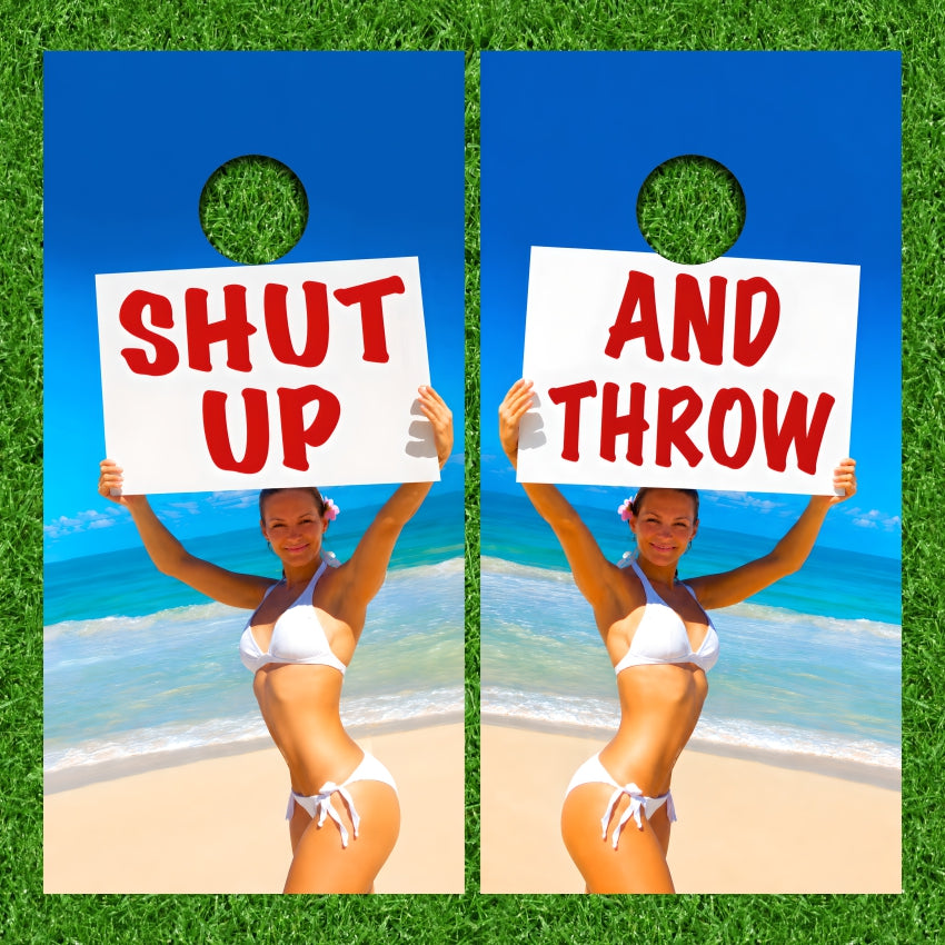 Shut Up And Throw Beach Bikini Girl with Sign Cornhole Wraps