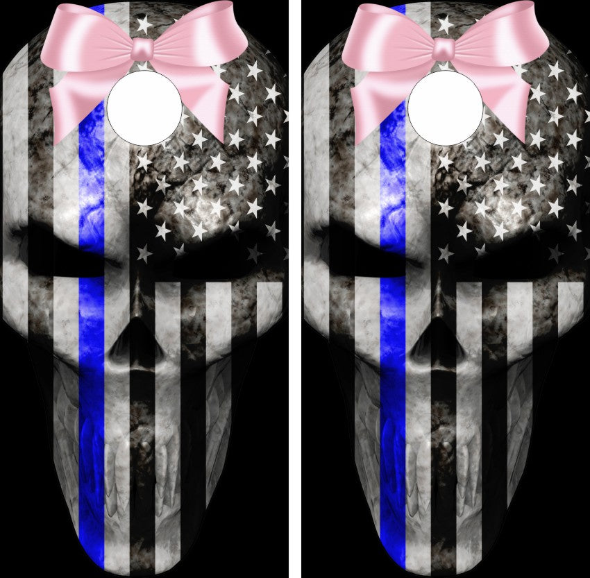 Thin Blue Line Skull Flag Pink Bow American Flag Cornhole Wraps
