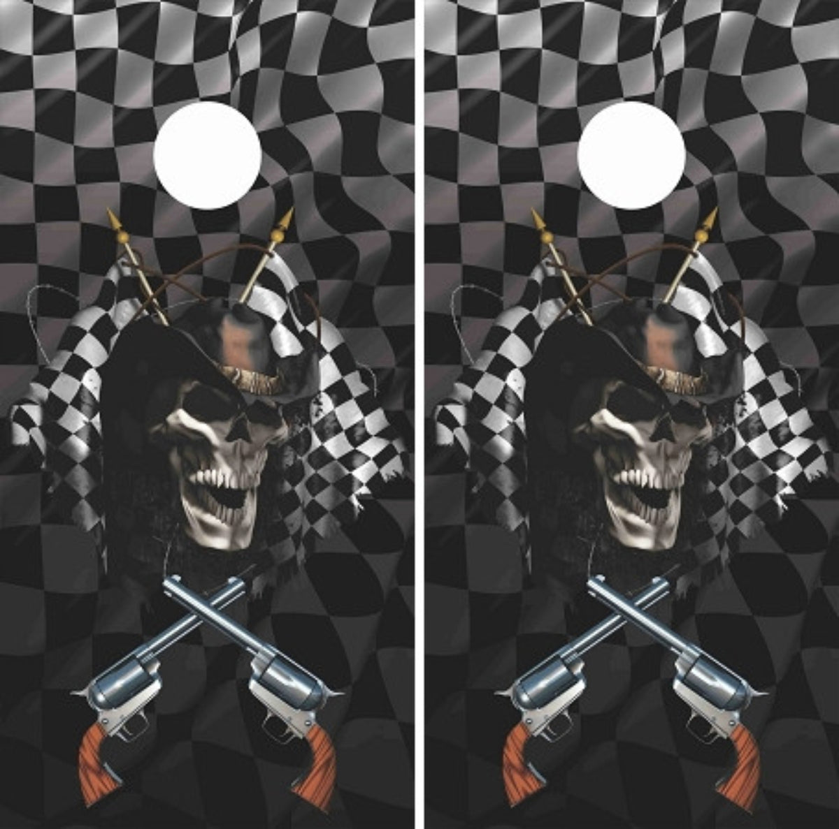 Racing Skull Smoking Revolvers Checkered Flag Cornhole Wraps