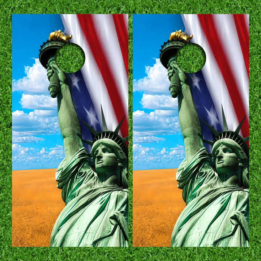 Statue of Liberty with American Flag Background Cornhole Wraps