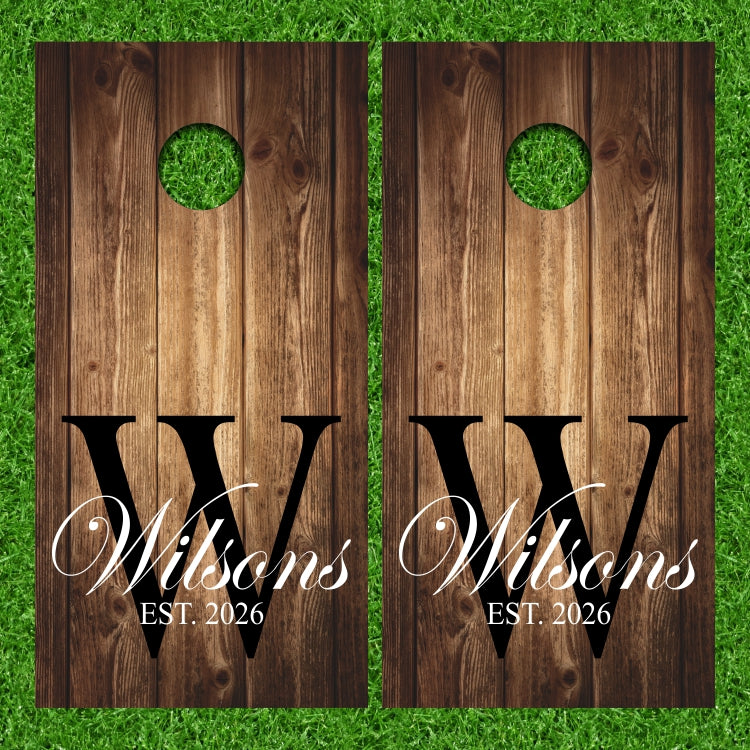 Customize Your Name Monogram on this Wedding with Weathered Wood Stain Background Cornhole Wraps