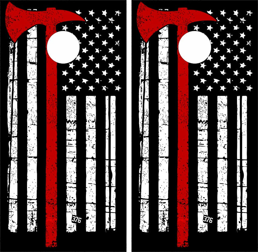 Thin Red Line Skull Grunge American Flag Axe Cornhole Wraps