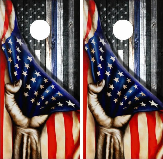 Police Thin Blue Line with Hand Pulling American Flag Cornhole Wraps
