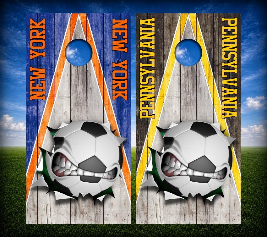Triangle Screaming Soccer Ball Cornhole Wraps Weathered Wood Custom Text