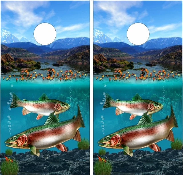 Trout Fish Mountain Lake Scenic View Background Cornhole Wraps