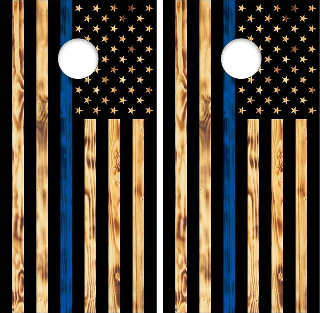 Police Thin Blue Line with Burn Wood Look American Flag Cornhole Wraps
