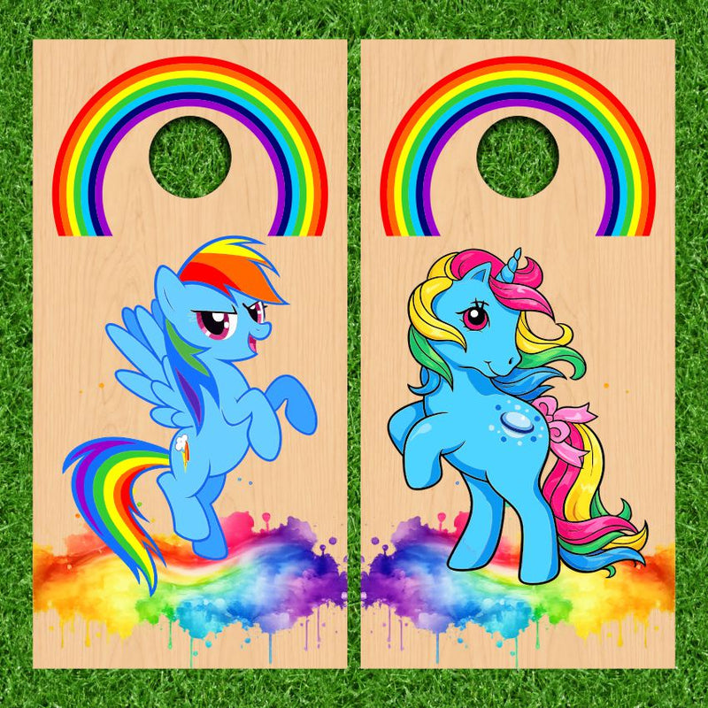 Colorful Unicorn His & Her with Plywood texture Background Cornhole Wraps