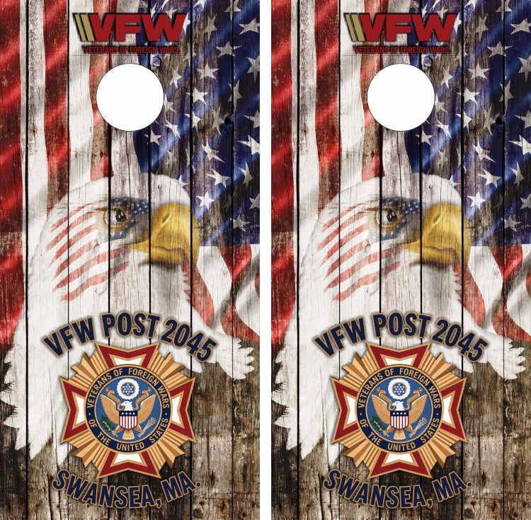 VFW Post 2045 Swansea, MA Veterans with Weathered Wood Grunge American Flag Background Cornhole Wraps